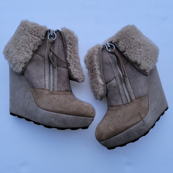 ASH Folk Wedge Suede Shearling Bootie Fur US size 7.5 - Picture 3 of 8